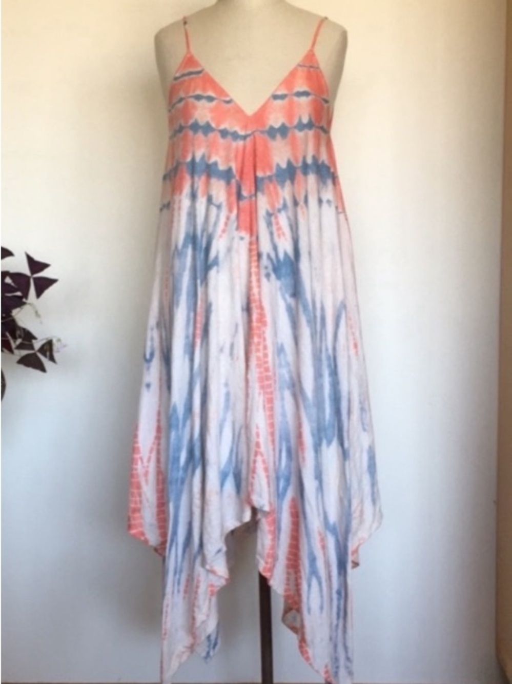 Handkerchief dress, tie dye, soft cotton knit, beach coverup, orange and blue, S